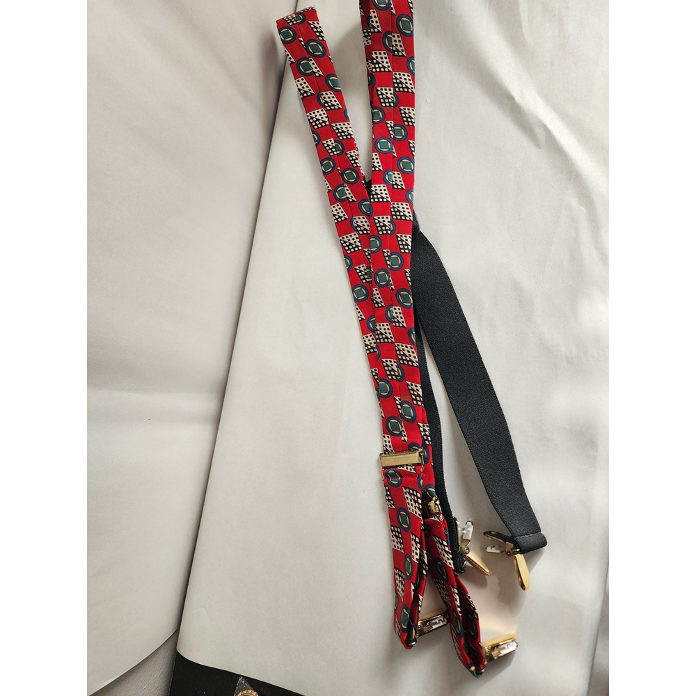 Vintage Made in England Silk Suspenders Red Geometric Y-Back Pelican USA Clips